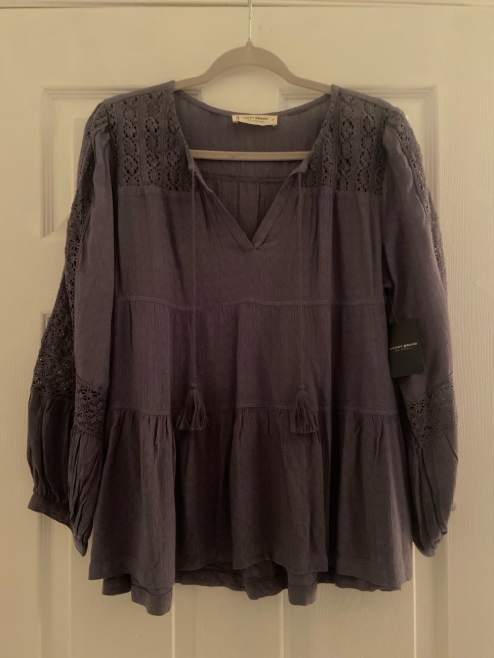 Lucky Brand Lavender Crochet-Paneled Tassel Peasant Tunic